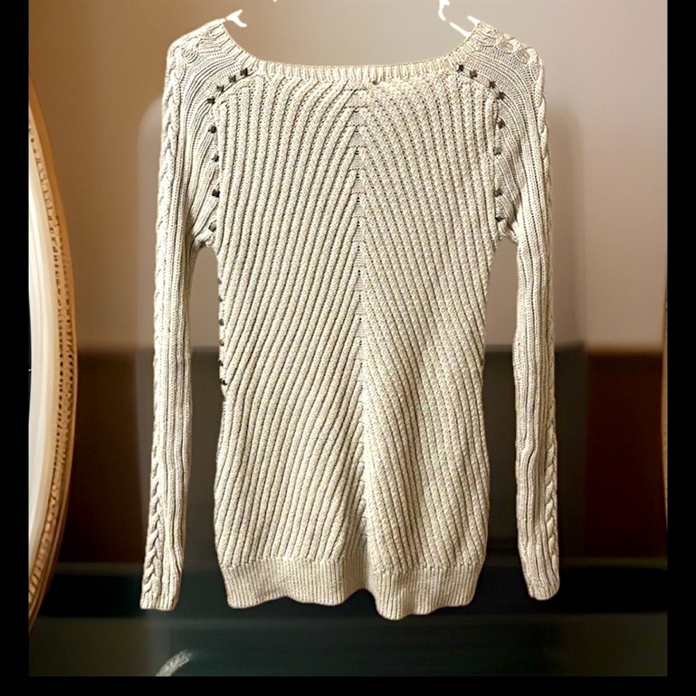 Thick Braid Down front & Sleeve Tan 💯Cotton Cable Knitted Silver Studded Sweater